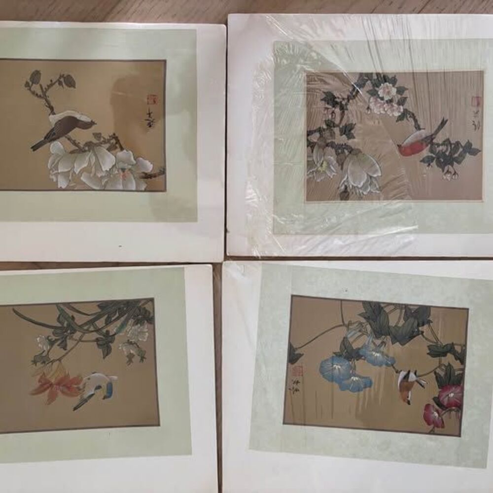 Four Vintage Birds on Flower Branches Silk Paper Unframed Wall Art